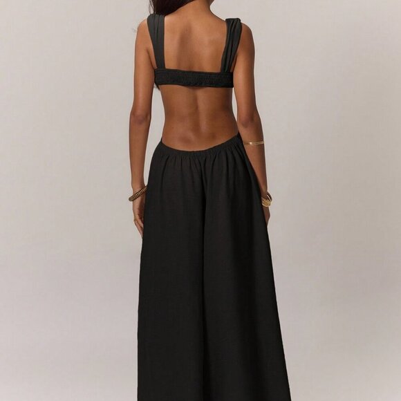 Black Sexy Women's Boho Ruched Bust Extreme Wide Leg Jumpsuit - Picture 2 of 5